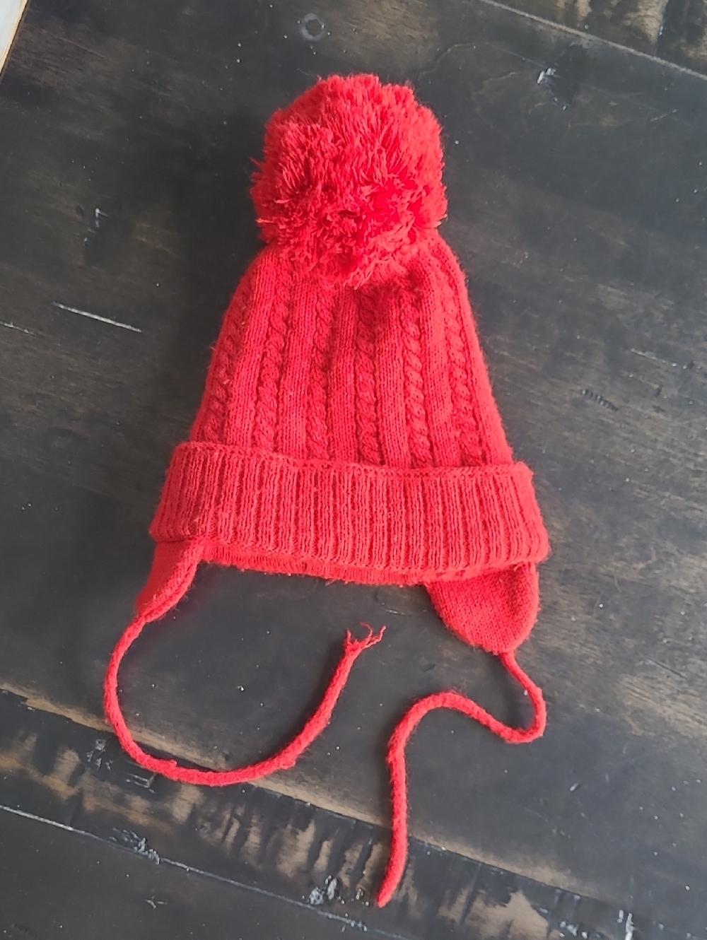 Red Kids Knit Pom Beanie Hat with Earflaps 12-24m